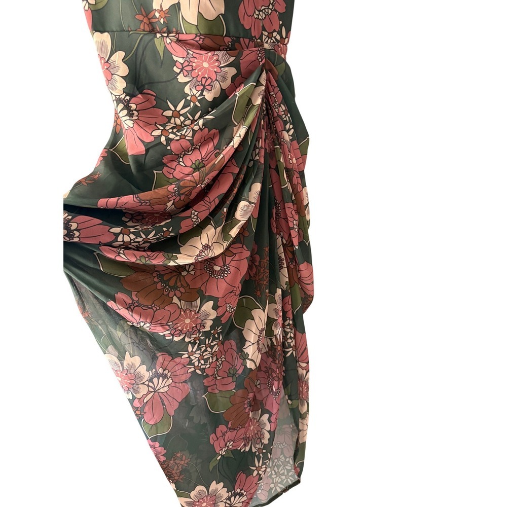 PrettyLittleThing Floral Draped Midi Dress Sage Rose Size 12 Boho NWT - Picture 5 of 10